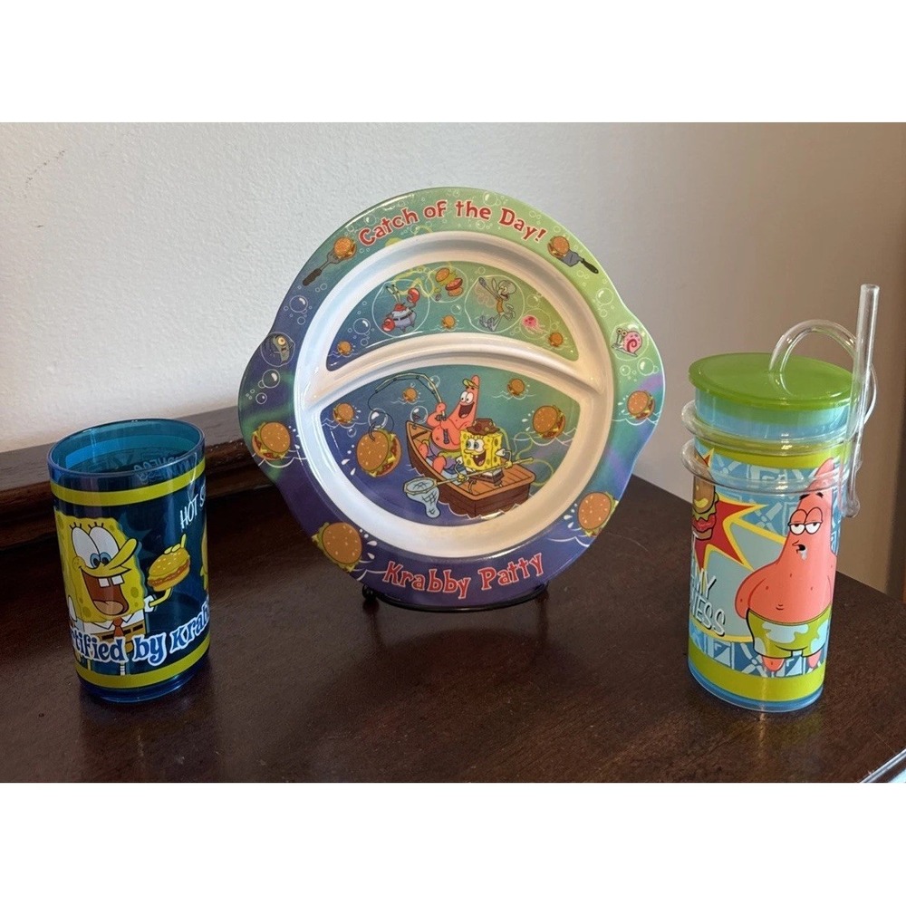 3 Pc. Munchkin Krabby Patty Divided Plate And Cup Set Lot Sponge Bob Mismatched